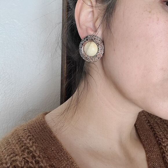 Vintage round marble earrings 80s countertop - Picture 1 of 5